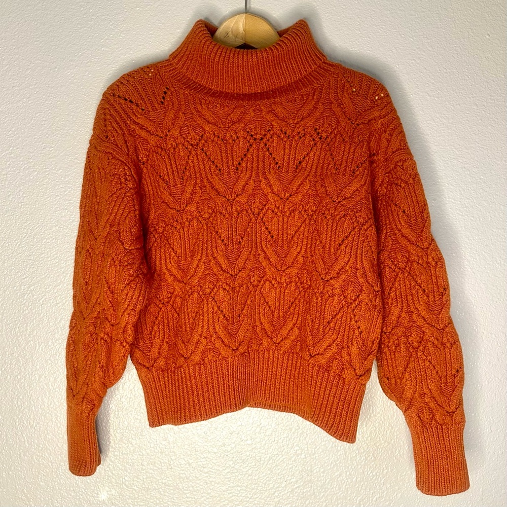 Aritzia Little Moon Vibrant Orange Turtleneck Merino Cable Knit Chunky Sweater